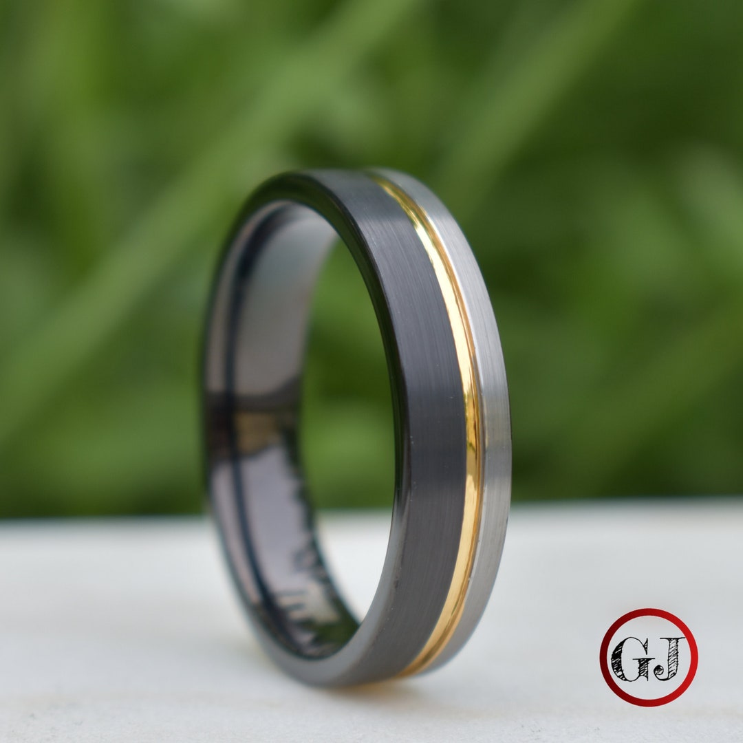 Tungsten 6mm Ring Black and Silver Brushed With Gold Accent - Etsy