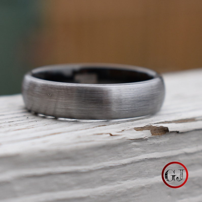 Mens Wedding Band Tungsten Ring Brushed Silver with Black Comfort fit band Mens Ring