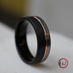 Tungsten Ring Black and Silver Brushed with Rose Gold Accent, Mens Ring, Mens Wedding Band image 9