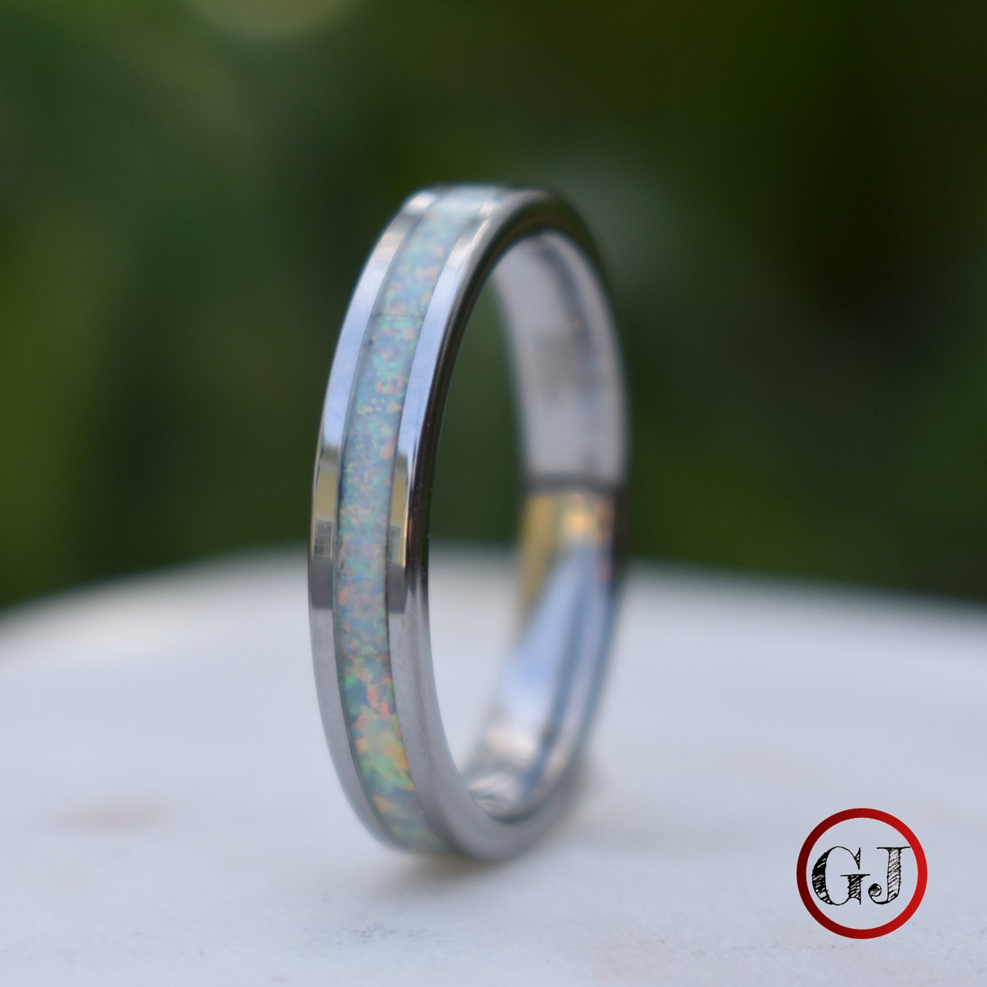 Tungsten Ring Crushed White Opal Wedding Band Womens Ring