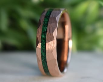 Tungsten 8mm Hammered Rose Gold Ring with Malachite Inlay