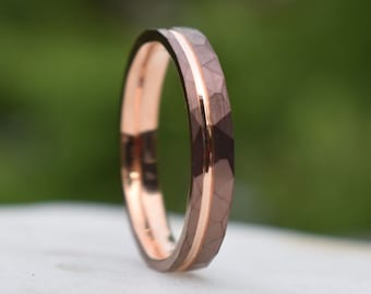 Hammered 4mm Chocolate Tungsten Ring with Rose Gold Accent, Mens Ring, Mens Wedding Band