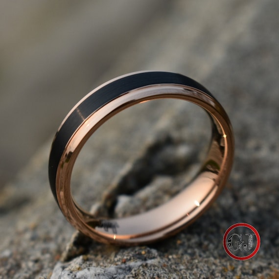 Tungsten Ring Black With Rose Gold Edges And Band Mens Ring Etsy