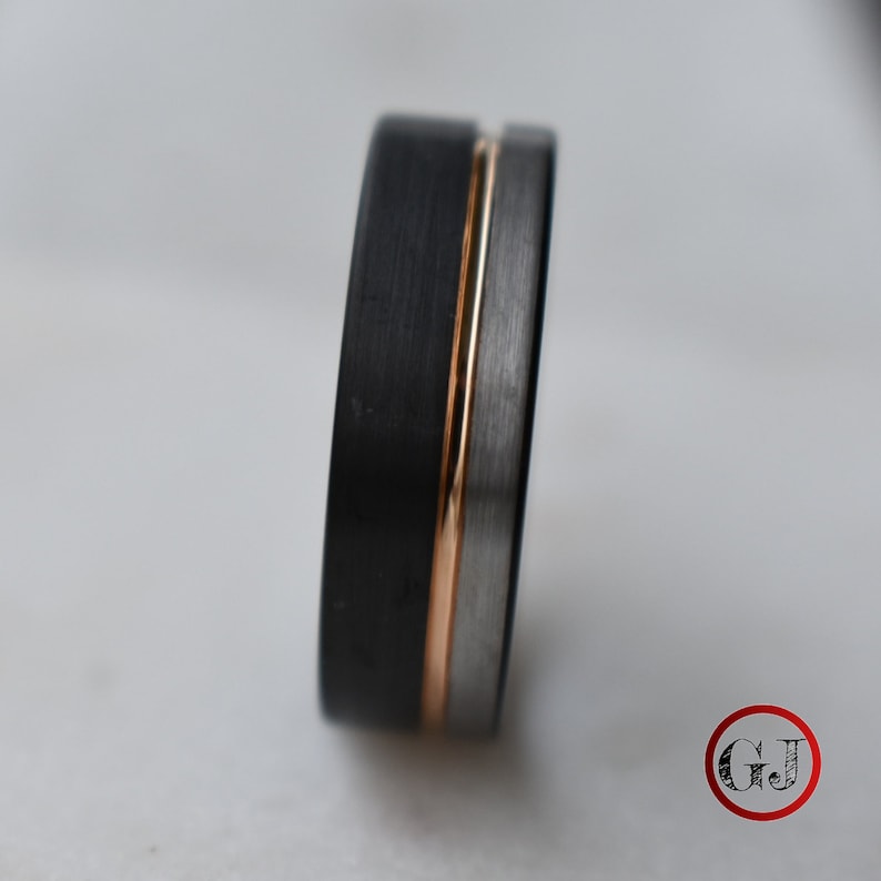 Tungsten Ring Black and Silver Brushed with Rose Gold Accent, Mens Ring, Mens Wedding Band image 2