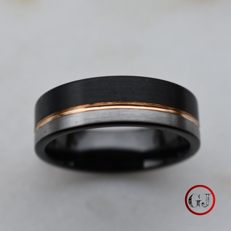 Tungsten Ring Black and Silver Brushed with Rose Gold Accent, Mens Ring, Mens Wedding Band image 4