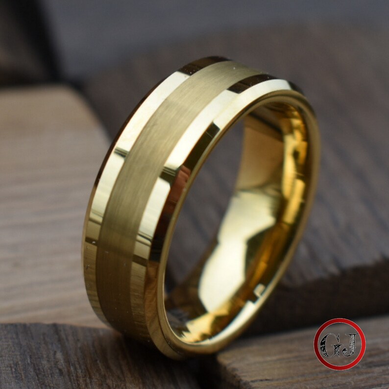 Tungsten Brushed Gold Ring Mens Ring Mens Wedding Band Etsy Canada