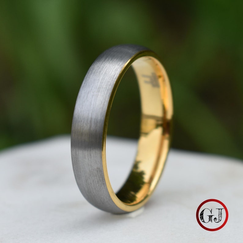 Tungsten Ring 6mm Brushed Silver with Yellow Gold Comfort fit band Mens Wedding Band Mens Ring