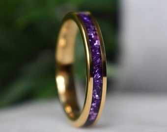 Tungsten 4mm Gold Ring with Amethyst Inlay