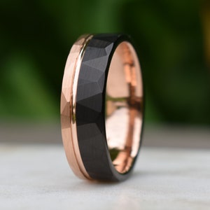 Hammered Tungsten Ring 8mm Black and Rose Gold Brushed with Polished Rose Gold Accent, Mens Ring, Mens Wedding Band