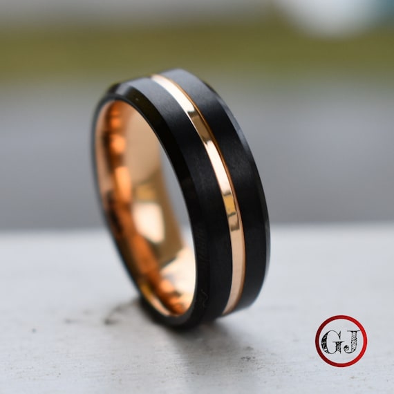 Mens Black Wedding Band with Gold | Black Damascus Steel | The Gentleman -  Luxurien