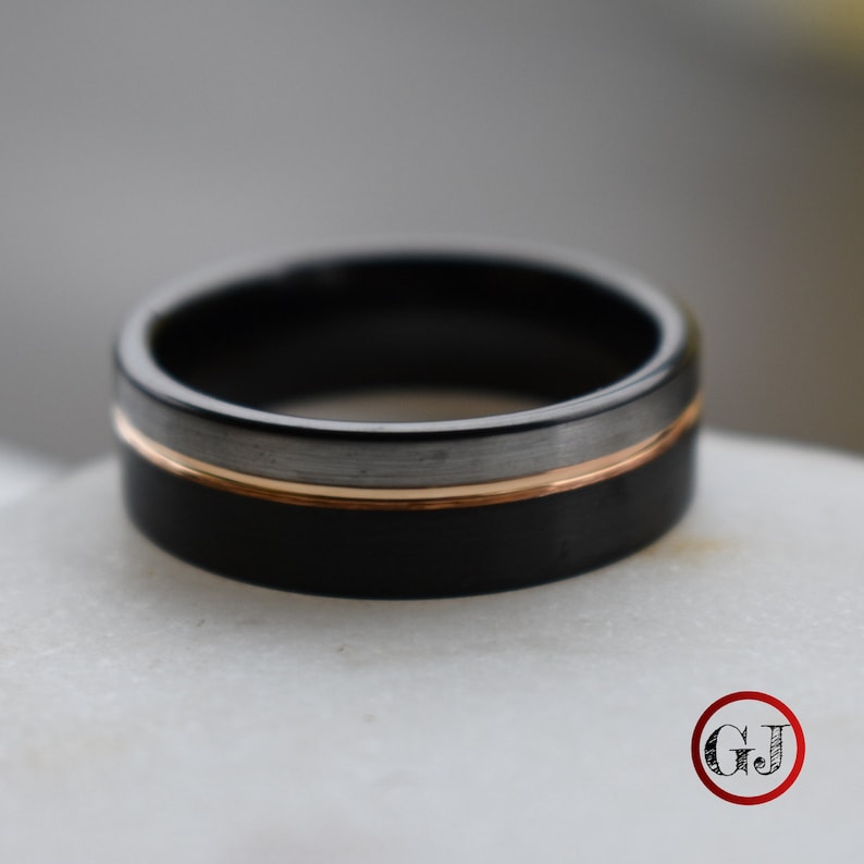 Tungsten Ring Black and Silver Brushed with Rose Gold Accent, Mens Ring, Mens Wedding Band image 6