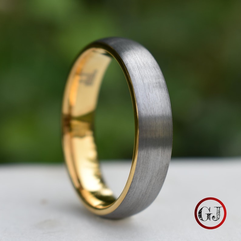 Tungsten Ring 6mm Brushed Silver with Yellow Gold Comfort fit band Mens Wedding Band Mens Ring