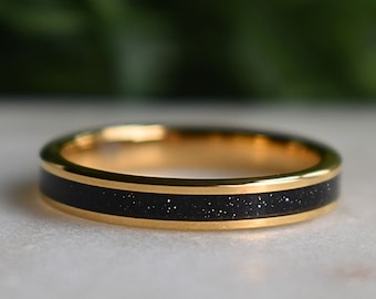 Tungsten Yellow Gold Ring Black Druzy Quartz Wedding Band