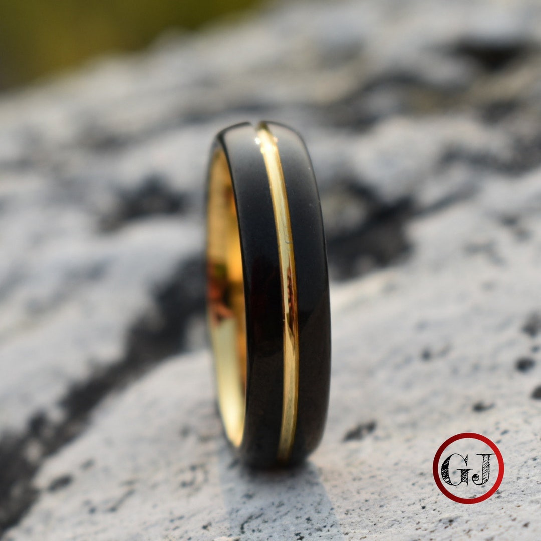 Black wedding band with gold stripe deals