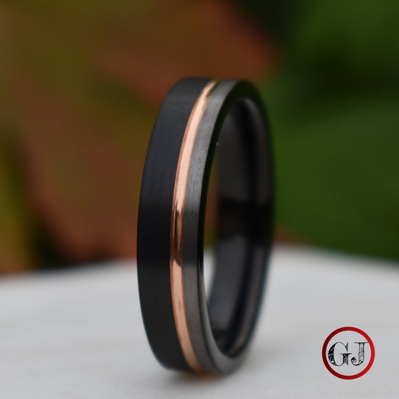 Tungsten 6mm Ring Black and Silver Brushed with Rose Gold Accent, Mens Ring, Mens Wedding Band 