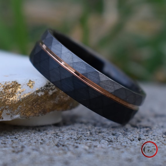 Hammered Tungsten Ring Black and Silver Brushed With Rose Gold