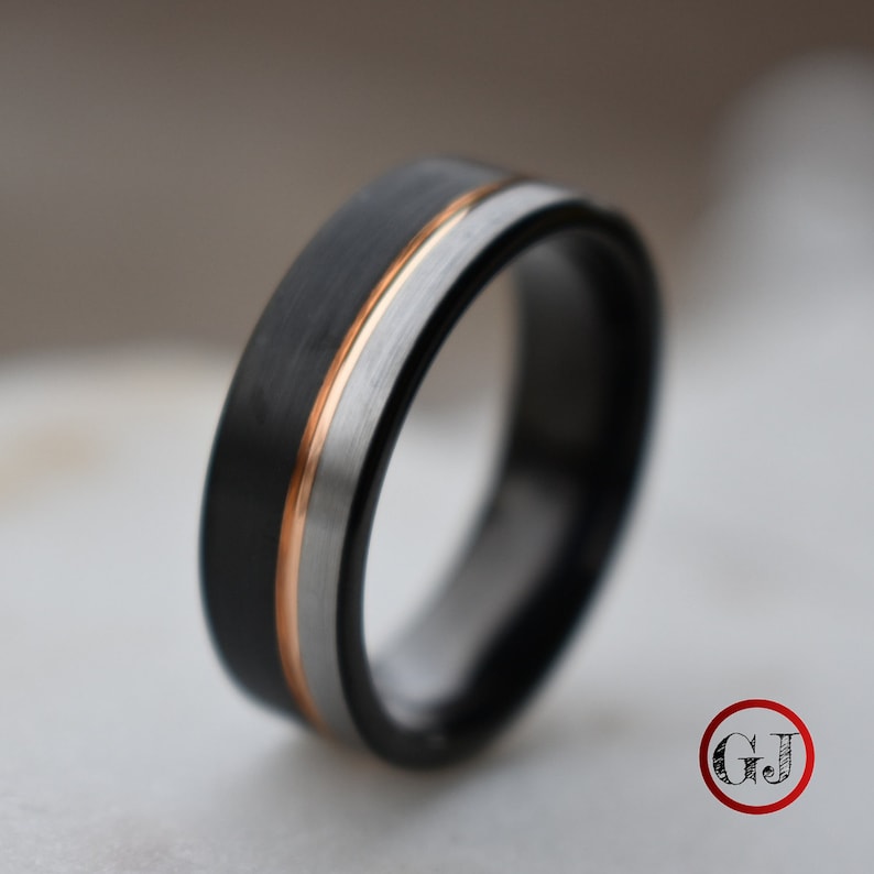 Tungsten Ring Black and Silver Brushed with Rose Gold Accent, Mens Ring, Mens Wedding Band image 5