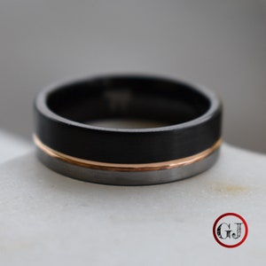 Tungsten Ring Black and Silver Brushed with Rose Gold Accent, Mens Ring, Mens Wedding Band image 8