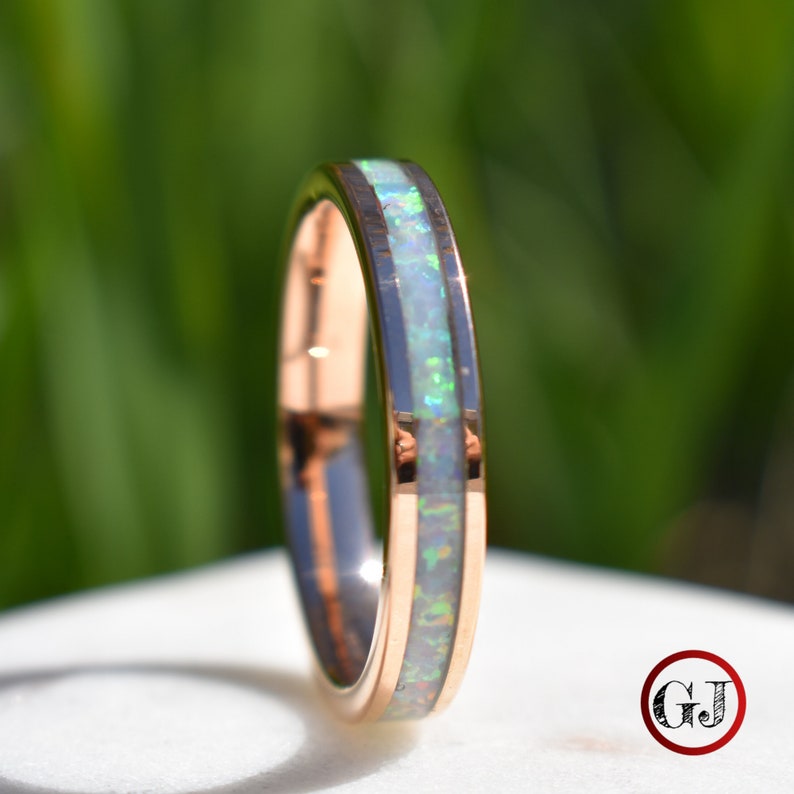 Tungsten Rose Gold Ring Crushed White Opal Wedding Band, Womens Ring, Womens Wedding Band image 7