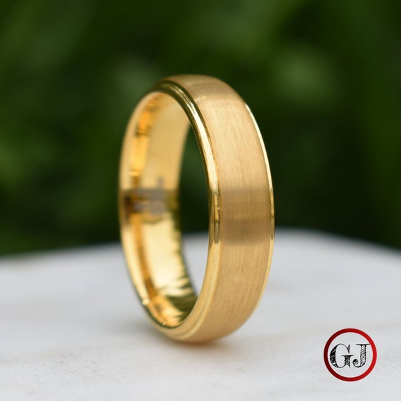 Tungsten Ring Gold Brushed Centre with a Stepped Edge, Mens Ring, Mens Wedding Band