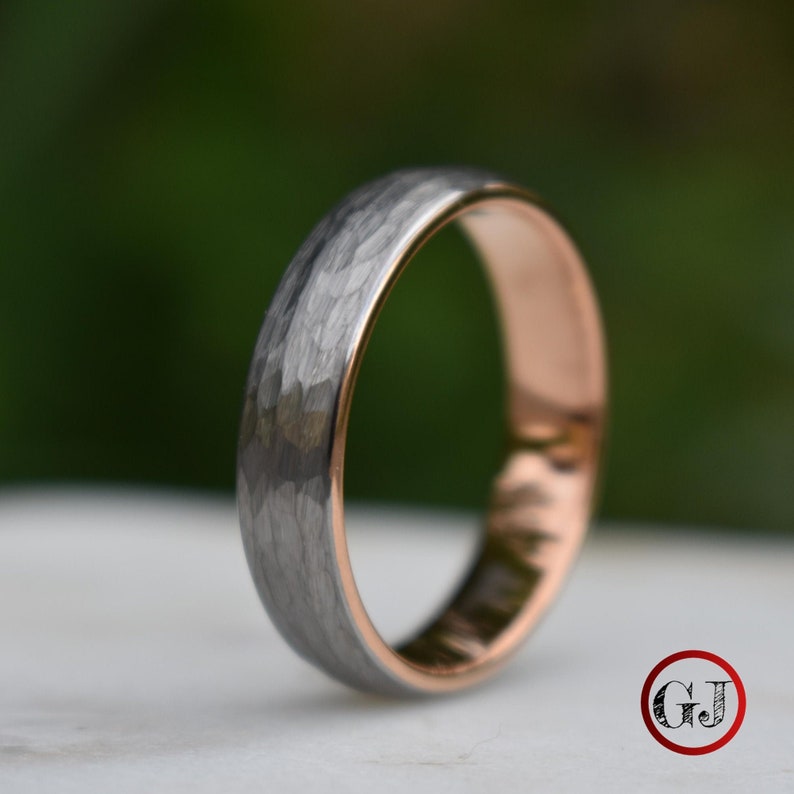 Hammered Tungsten 6mm Ring with Rose Gold Band, Mens Ring, Mens Wedding Band 