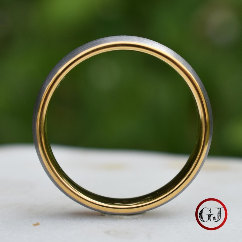 Tungsten Ring 6mm Brushed Silver with Yellow Gold Comfort fit band Mens Wedding Band Mens Ring