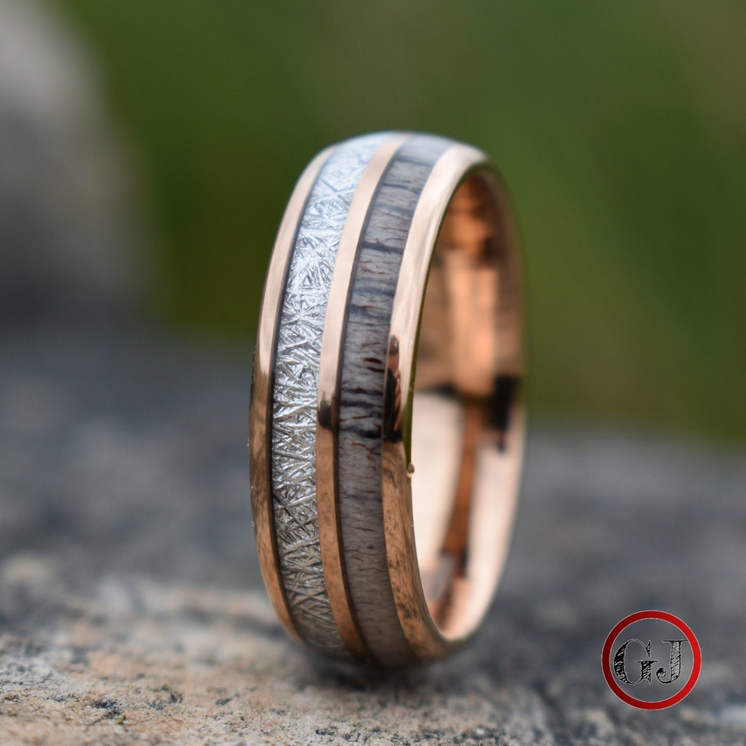 Rose Gold Tungsten 8mm Ring With Deer Antler and Meteorite - Etsy