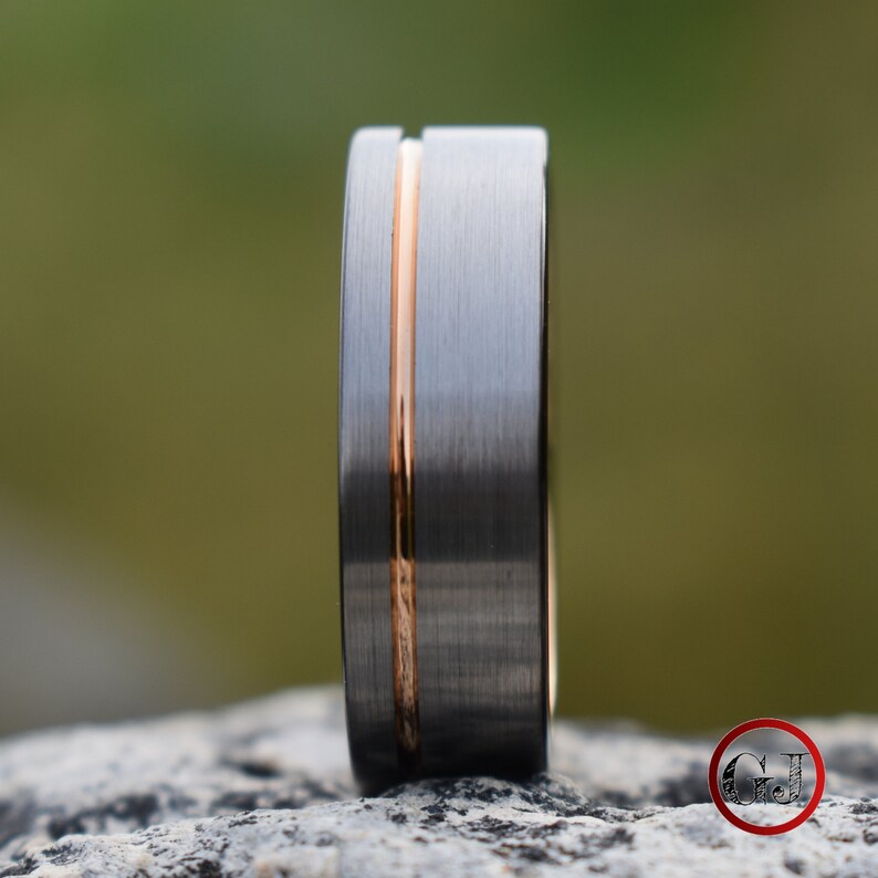 Mens Wedding Band Mens Ring Tungsten Ring 8mm Brushed Silver with Rose Gold Stripe and Black Sides