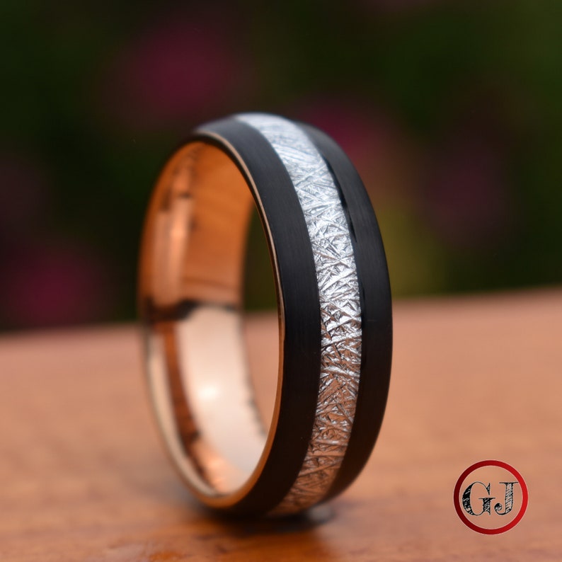 Tungsten Ring Black With Meteorite And Rose Gold Inner Band Etsy