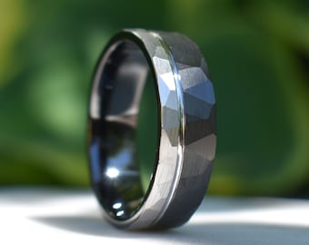 Hammered Tungsten Ring 8mm Black and Silver Brushed with Polished Silver Accent, Mens Ring, Mens Wedding Band