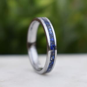 Tungsten 4mm Ring Blue Sapphire German Glass Wedding Band, Womens Ring, Womens Wedding Band