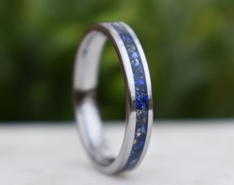Tungsten 4mm Ring Blue Sapphire German Glass Wedding Band, Womens Ring, Womens Wedding Band