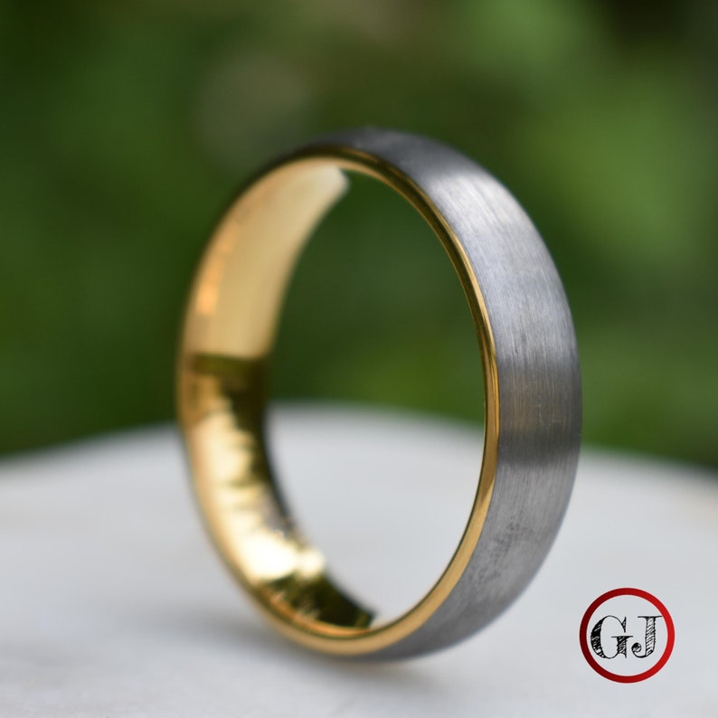 Tungsten Ring 6mm Brushed Silver with Yellow Gold Comfort fit band Mens Wedding Band Mens Ring