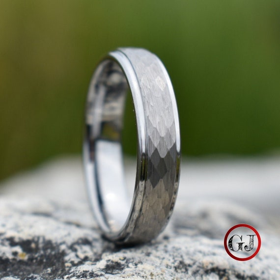 Tungsten Ring Hammered Silver With Comfort Fit Band Mens Ring