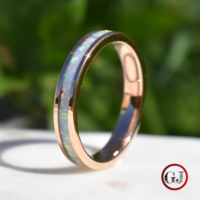 Tungsten Rose Gold Ring Crushed White Opal Wedding Band, Womens Ring, Womens Wedding Band image 8