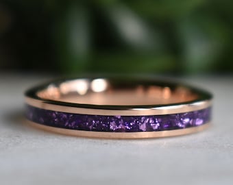 Tungsten 4mm Rose Gold Ring with Amethyst Inlay