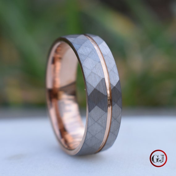 Hammered 8mm Tungsten Ring With Rose Gold Accent Mens Ring Mens