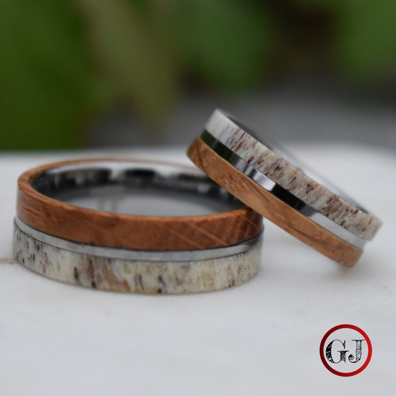 Whiskey Barrel and Deer Antler 6mm Ring with Tungsten Band
