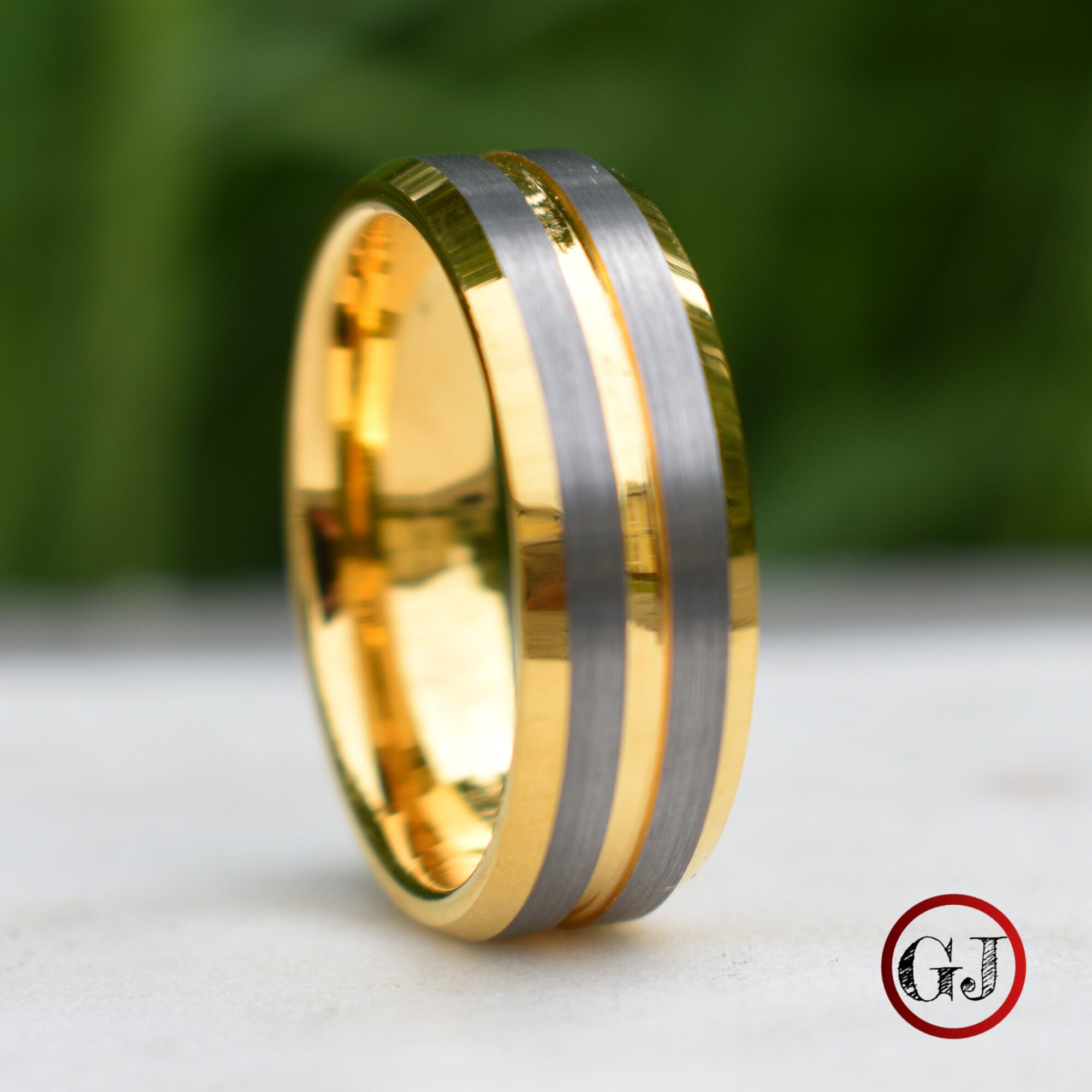Tungsten Gold Ring With Brushed Silver Bands Mens Wedding Band