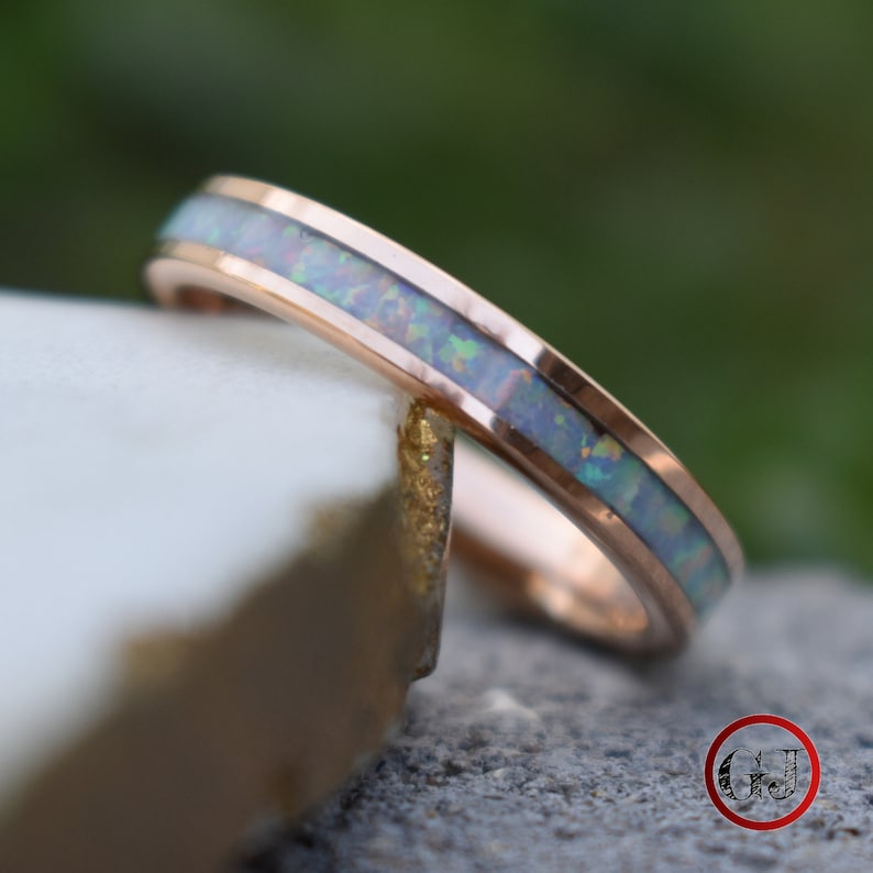 Tungsten Rose Gold Ring Crushed White Opal Wedding Band, Womens Ring, Womens Wedding Band image 6