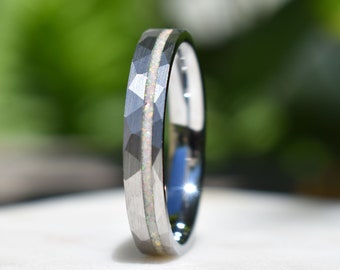 Tungsten 4mm Hammered Ring with Crushed Opal Centre, Wedding Ring, Wedding Band