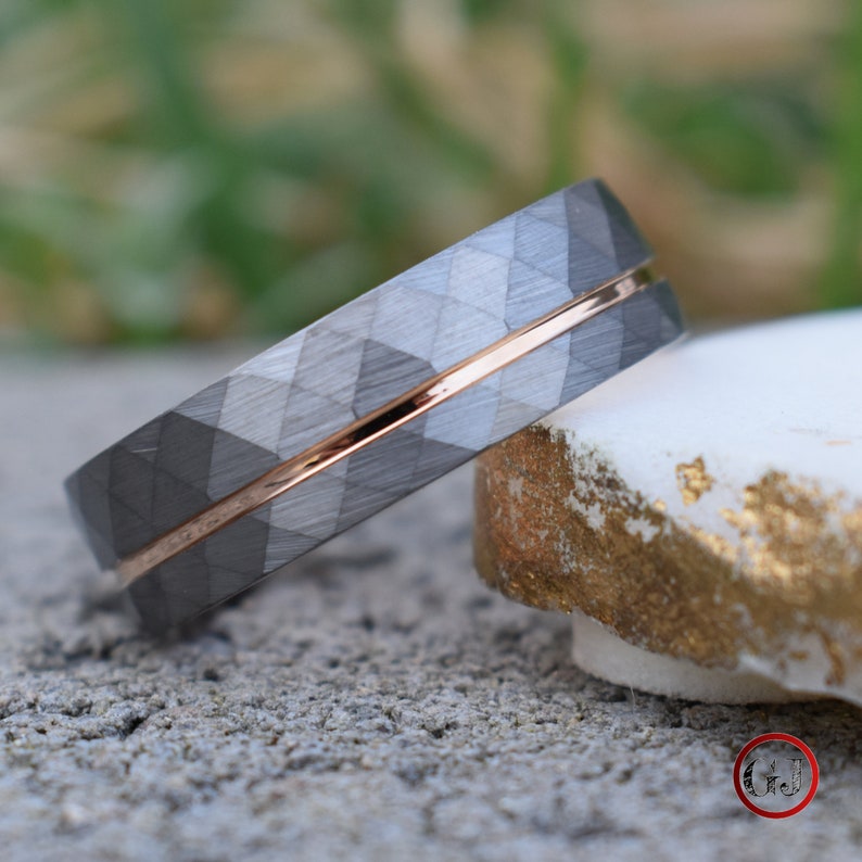 Hammered 8mm Tungsten Ring With Rose Gold Accent Mens Ring Etsy