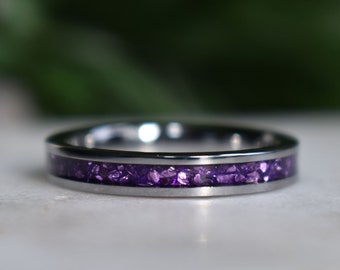 Tungsten 4mm Ring with Amethyst Inlay