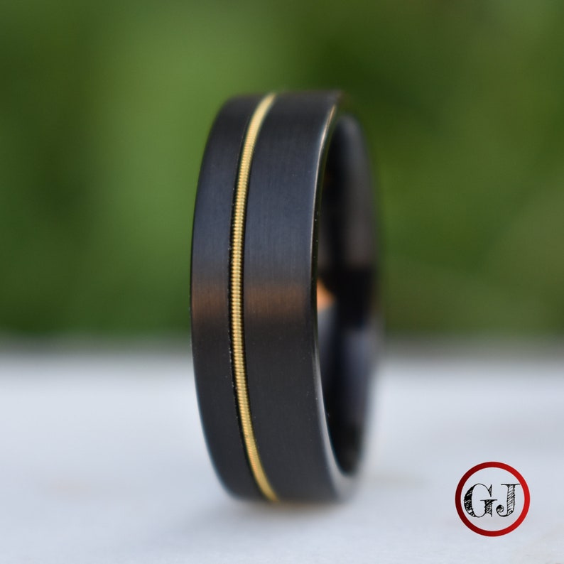 Guitar String 8mm Black Tungsten Ring Mens Ring Mens Wedding Etsy