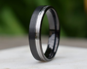 Tungsten Ring 6mm Black and Silver Brushed with Polished Silver Accent, Mens Ring, Mens Wedding Band