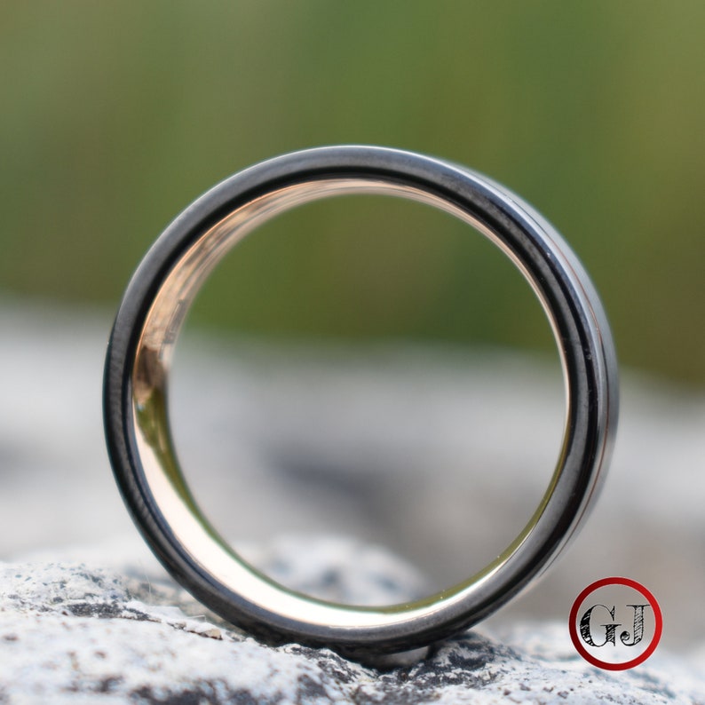 Mens Wedding Band Mens Ring Tungsten Ring 8mm Brushed Silver with Rose Gold Stripe and Black Sides