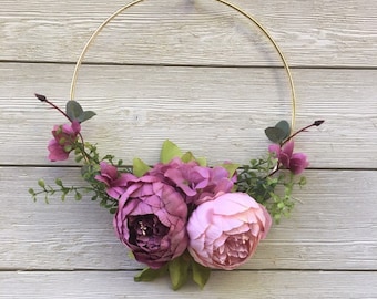 Modern gold hoop wreath/ Farmhouse wreath/Peony wreath /Mother's Day wreath /Nursery decor /flower wreath