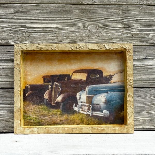 Rustic Cars Wood Canvas Sign /Old Cars Wood Decor/Farmhouse Decor/Classic Car Sign