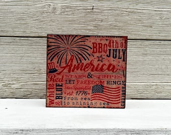 Handmade 4th of July Wood Block Sign: Patriotic Decor