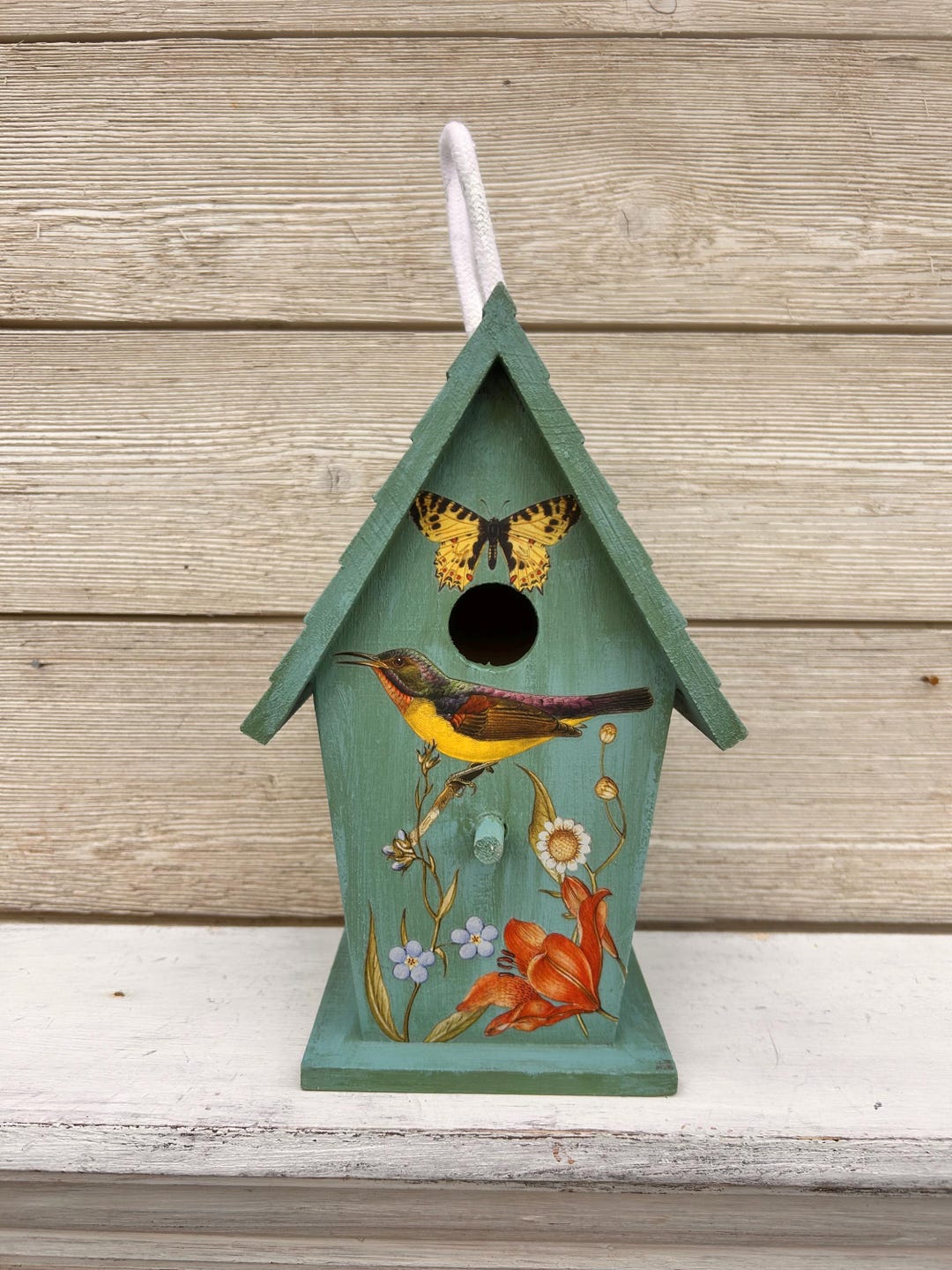 Hand Painted Whimsical Rustic Wood Bird House / Bird House/decorative ...